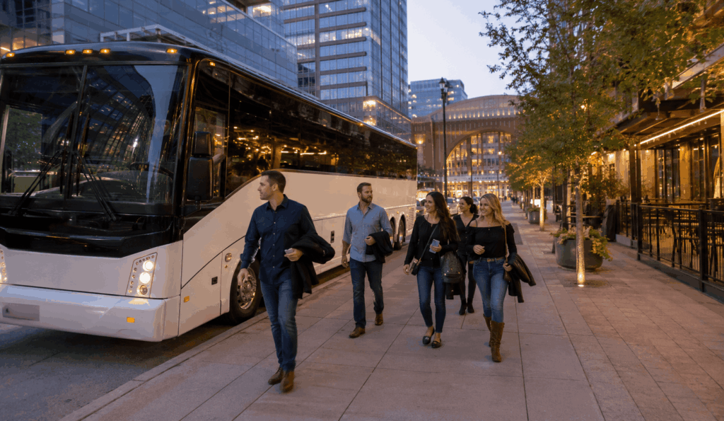 charter bus dropping off a fort worth group near american airlines center in victory park for a concert night