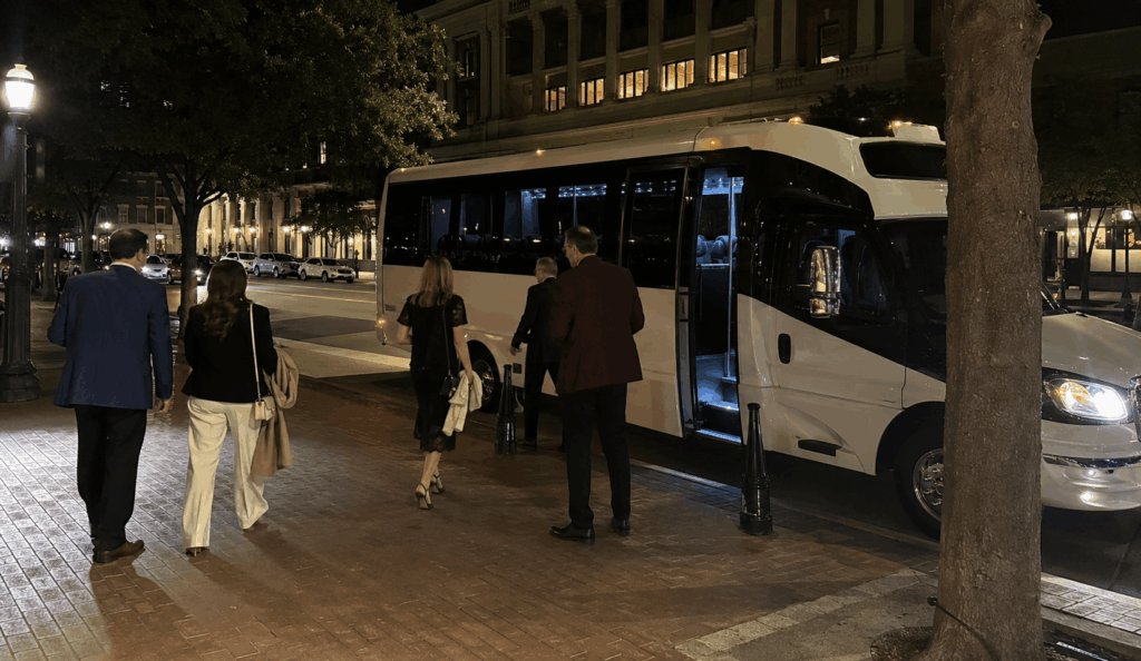 chauffeured coach waiting downtown after a bass performance hall show in fort worth