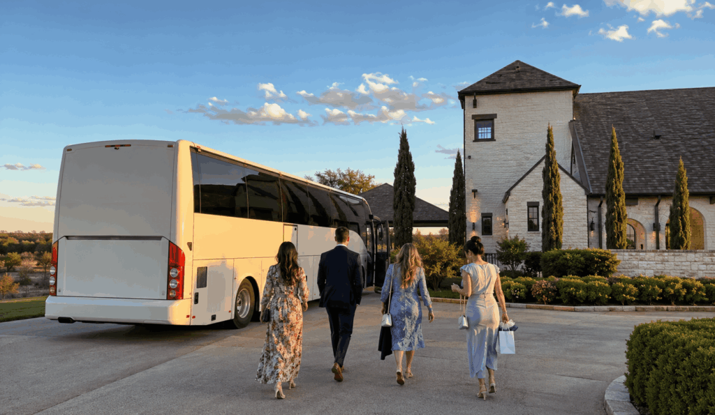 wedding guests arriving by charter bus near chateau joli in crowley for a fort worth-area wedding