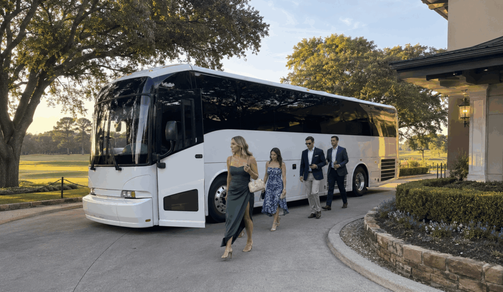 charter bus dropping off wedding guests near colonial country club in fort worth