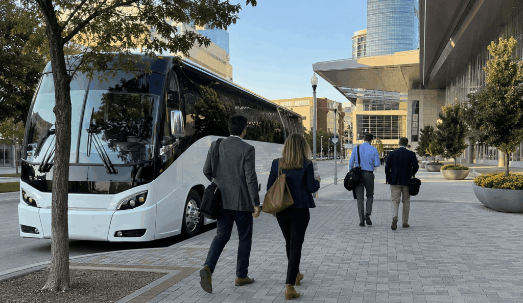 conference shuttle bus dropping off attendees near the fort worth convention center in downtown fort worth