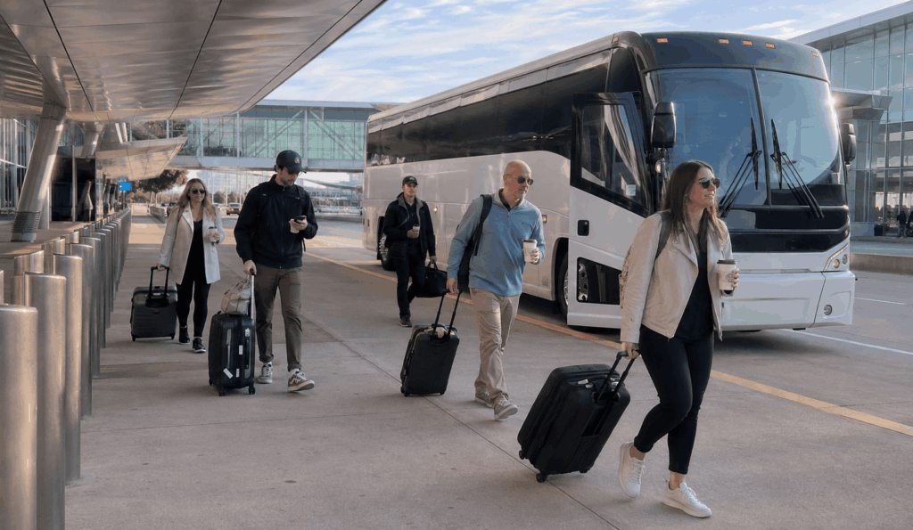 charter bus dropping off a fort worth group at dallas love field for an airport shuttle trip