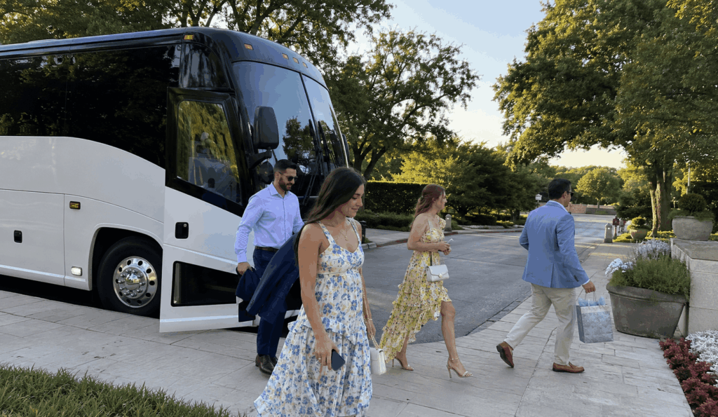 charter bus dropping off wedding guests near the fort worth botanic garden entrance