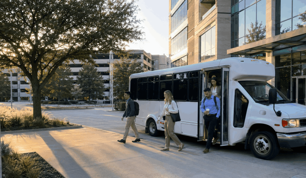 employee shuttle bus dropping off office workers near a fort worth corporate campus