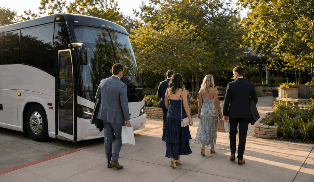 charter bus dropping off wedding guests near the fort worth zoo entrance for a wedding shuttle service