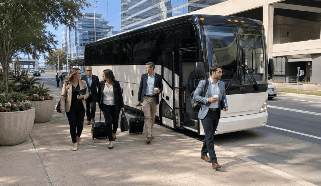 charter bus dropping off a fort worth group near kay bailey hutchison convention center in dallas