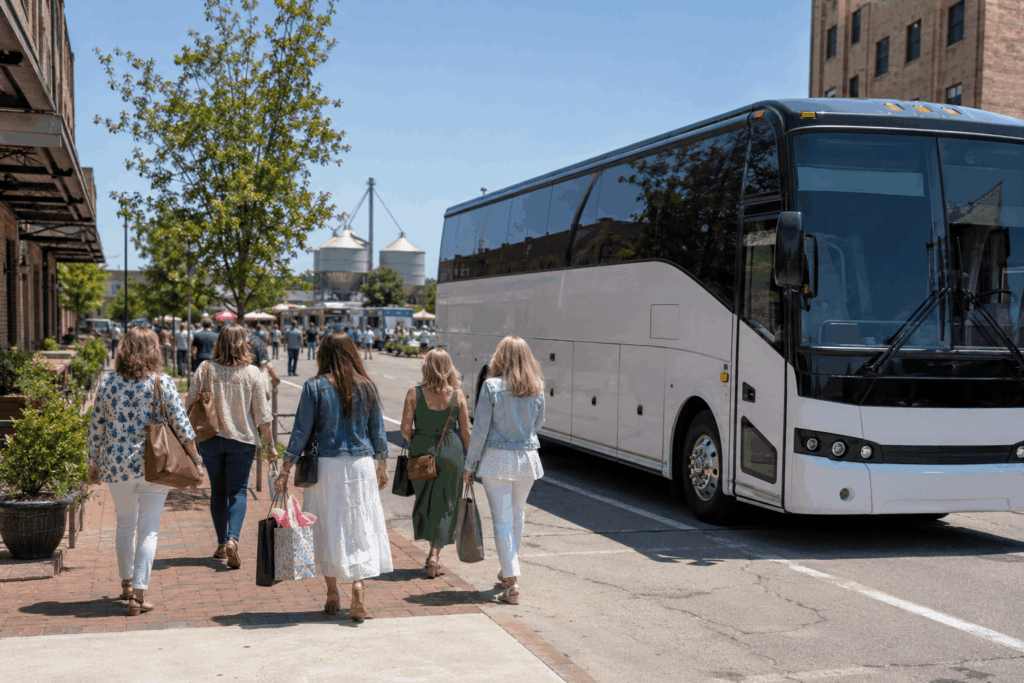 party bus arriving with a birthday group near magnolia market at the silos in waco