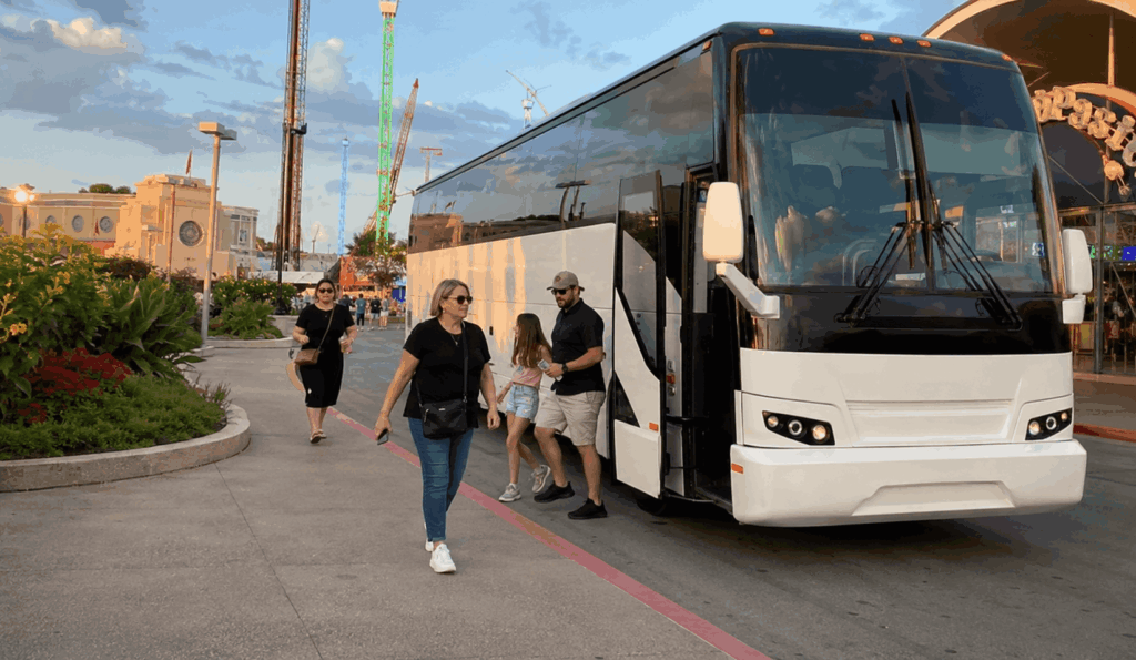 charter bus dropping off a group near the state fair of texas entrance at fair park in dallas